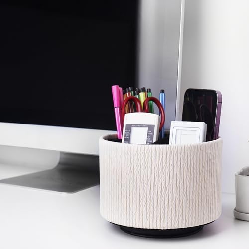 Round Leather Art Supply Organizer,Remote Control Holder,360 Degree Spinning,Multi-Functional Pencil Holder,4 Compartments Desktop Stationary Organizer(1-Wood Beige)