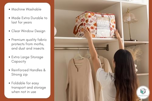 Chaos Cleared Canvas Storage Bags Designer Organizer 2 Pack – Seasonal Storage for Sweaters, Blankets, Linens & Garments – Foldable Design with Zip & Window (Autumn Print)