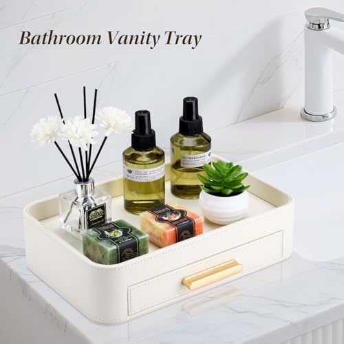 GORESE PU Leather Valet Tray with Drawer, Nightstand Organizer Catch All Tray for Jewelry Perfume Purse Trinket Key Holder, EDC Trays for Desk Vanity Entryway Table, Gift for Women Men, Cream White