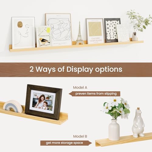 Picture Ledge Shelf, Floating Shelves Set of 2, 48 Inches Solid Wood Nursery Book Shelves for Toys Storage, Kids Bookshelf Wall Mounted for Living Room Bedroom Decor Books Photo Frames, Natural