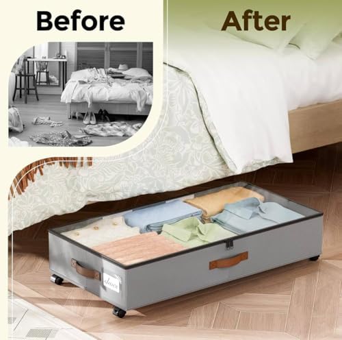 Under Bed Storage with Wheels (2-Pack) - 33.3" x 16.5" x 6.7" Low-Profile Fabric Underbed Storage Containers, Rolling Organizer Bins with 360° Rotating Casters for Books, Clothes, Shoes & Blankets