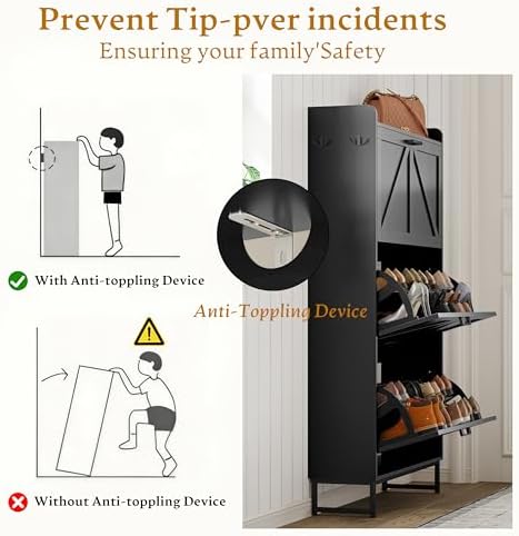 Wodeer Shoe Cabinet Storage for Entryway, Shoe Storage Cabinet with 3 Flip Drawers, Freestanding Narrow Shoe Rack Organizer with Metal Legs & Side Hook for Foyer, Hallway, Black