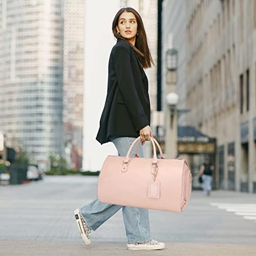 Modoker 2-in-1 PU Leather Garment Duffle Bag with Shoulder Strap, Pink