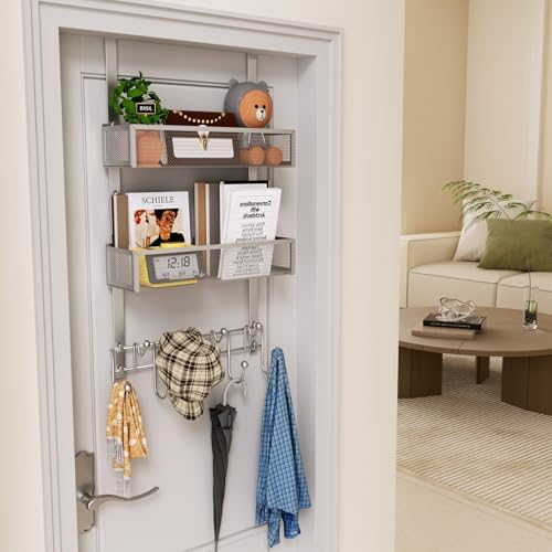 HapiRm Over The Door Hanger with Coat Hooks and 2 Baskets, Rustproof & Waterproof Over The Door Hooks, Storage Organizer for Hats, Bathroom, Kitchen, Bedroom-Silver (for 1.76in Doors)