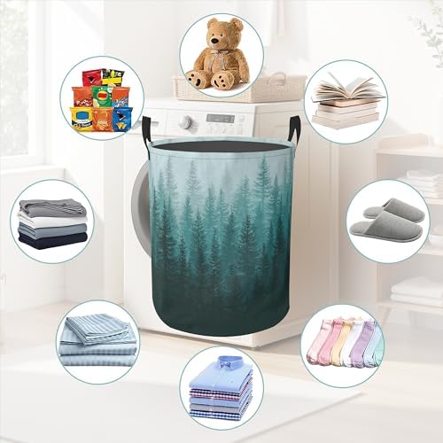 Green Misty Forest Round Laundry Hamper Storage Basket Toys Clothes Organizer Bin For Home Bathroom Bedroom Dorm Nursery