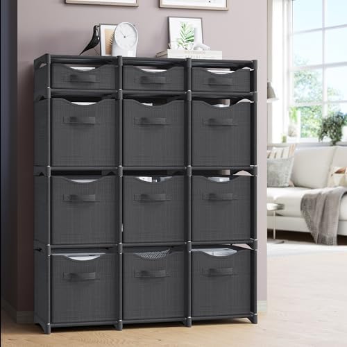 Cube Storage Organizer with Storage Bins Included - The Perfect Closet Organizers and Storage Solution. Includes 12 Storage Cubes, Great For Toy Storage, Closet Storage, Clothes Storage (Dark Grey)
