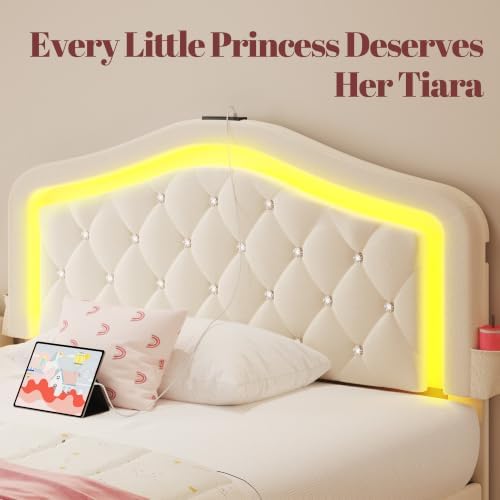 HISOFT Full Bed Frame with Adjustable Tiara Headboard, Velvet Upholstered Platform Bed with Storage Drawers & USB Charging Station & LED, No Box Spring Needed, Easy Assembly, Noise Free, Beige