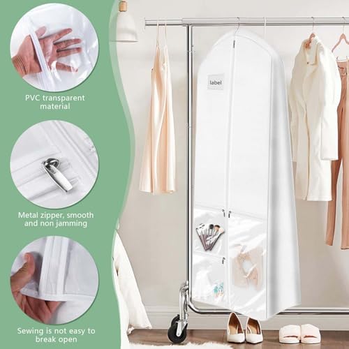 72" Long Wedding Dress Garment Bag Cover for Gowns Women with 10'' Gusseted Dress Bags 4 Pocket (White 2 Pack)