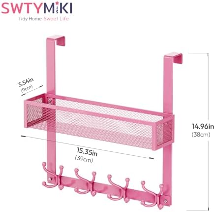 SWTYMIKI Over The Door Hook with 16 Hooks & Mesh Baskets - Heavy Duty Over The Door Organizer Hanger for Towels, Coats, Clothes - Space Saving Hanging Rack for Bathroom, Living Room, Pink