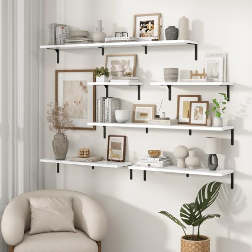 Fun Memories Deep Floating Shelves, 36W x 8D Floating Shelves Set of 2, Wall Mounted Shelf with Metal Brackets, Rustic Wood Wall Shelf for Bathroom, Kitchen and Living Room, White
