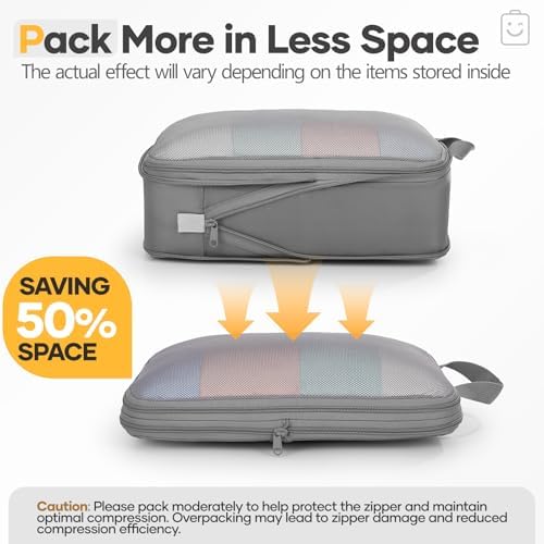 Veken 11 Set Compression Packing Cubes Garment Bags for Travel Essentials,Compressible Expandable Luggage Organizer Bags for Clothing,Space Saver Bags with Over 1000 pcs of Mesh Holes(Gray)