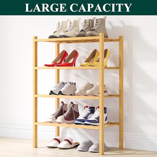 Smiry Bamboo Shoe Rack, 8 Vertical Slats, 4 Tier - 17.3" Wide, Natural