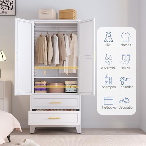 GAIOUS Steel Armoire Wardrobe Closet with Mirror and 2 Drawers 71" White
