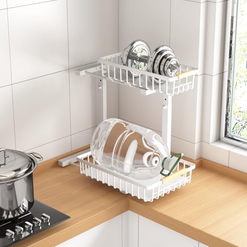 Merrylun Under Sink Organizers,5 Adjustable Height,Metal Pull Out Under Sink Organizers and Storage Shelves with Sliding Drawer, White 1pack(Hight 13.6″-16.9″)