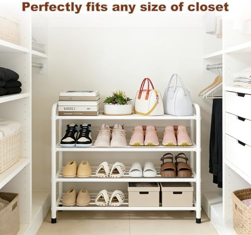 KANAV 4-Tier Expandable Shoe Rack, Heavy Duty Adjustable Metal Shoe Organizer for Closet, Entryway & Mudroom, Freestanding, Tool-Free Assembly, White