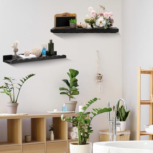 Suzile 2 Pcs Scalloped Floating Wall Shelves,12",Black | Scalloped Edge, Book Display, Plant Display, Photo Frames, Toy Storage, Nursery, Bedroom, Bathroom, Aesthetic Decor