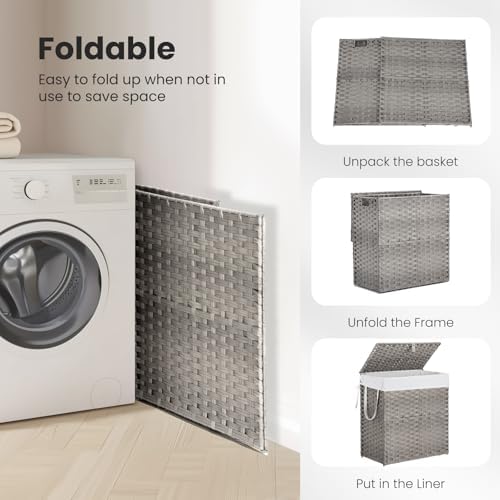 DUMOS Wicker Laundry Basket with Lid, 110L Woven Laundry Hamper with Handles, Foldable Rattan Clothes Hamper with Removable Liner & Sturdy Steel Frame, Dove Gray