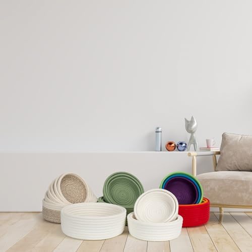 Small Shelf Storage Baskets for Organizing, 6 Pack Round Cotton Rope Bins, Decorative and Cute Woven Baskets for Bedroom and Closet, Key Tray Bowl, Home Decor Countertop Organizer (Green)