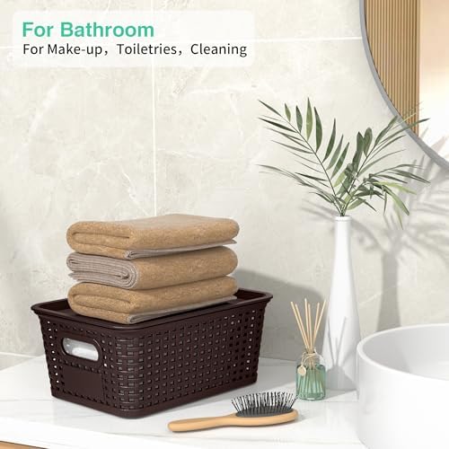 8 Pack Plastic Storage Baskets,Brown Stackable Bins with Lid