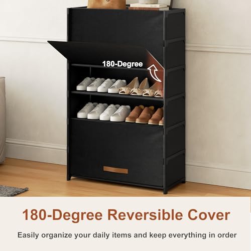 7 Tier Shoe Cabinet with Door, 28-Pair Storage, Black