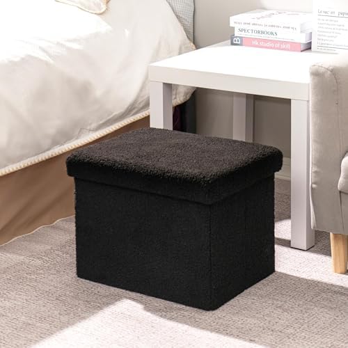 B FSOBEIIALEO Storage Ottoman Cube Small Sherpa Ottoman Foot Rest, Foldable Portable Boucle Ottomans, Faux Teddy Fur, Black 16.5"x12.6"x12.6"