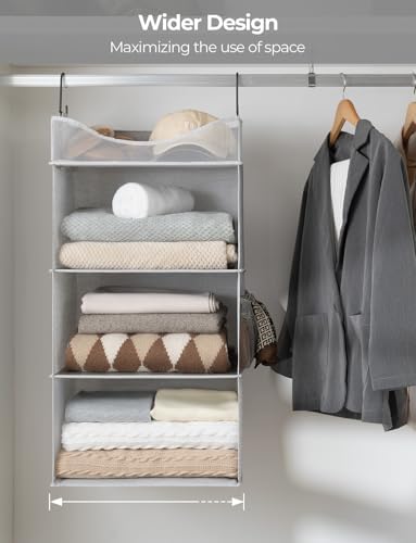 StorageWorks 3-Shelf Hanging Closet Organizer with Half Compartment, Ivory | Add More Storage to Small Closets, a Side Pocket and Half Compartment, Ideal for Bedrooms, Dorms and RVs,Light Grey