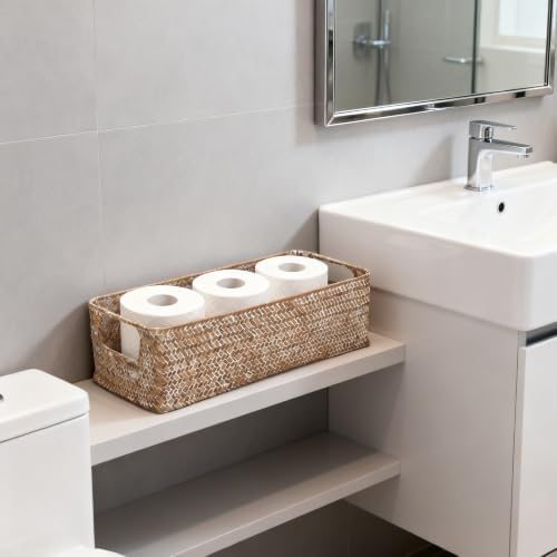 Seagrass Toilet Paper Basket for Back of Toilet Tank Top, Wicker Bathroom Storage Basket for Organizing and Decor, Whitewash