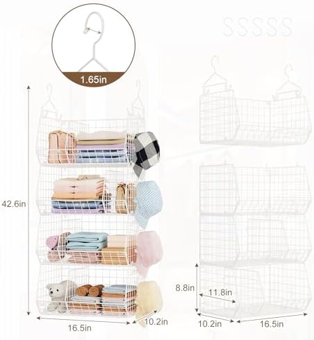 4 Tier Extra Large Hanging Closet Organizer ,Closet Organizer Hanging with 5 S Hooks 4 Dividers,Clothes Organizer Clothing Sweaters Clutches Handbags Hats Accessories-White
