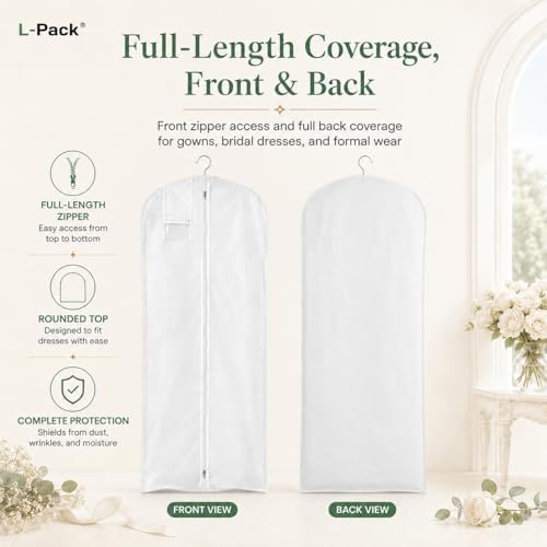 LPack Extra Long Garment Bag for Wedding Dresses, Breathable Bridal Gown Bag with Gusset & Pocket for Prom, Formal Long Dresses, Travel & Closet Storage, White, 72", Pack of 1