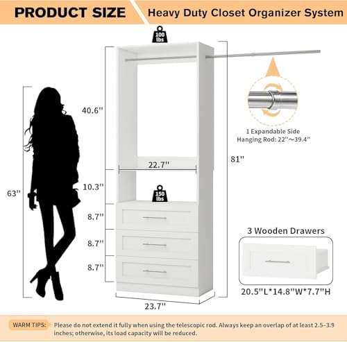Closet System with 3 Drawers, 2FT-5FT Closet Organizer System with 2 Hanging Rods& Shelves, Fits Small Walk-in Closet, Modular Closet Tower, Wood Closet Storage System, White