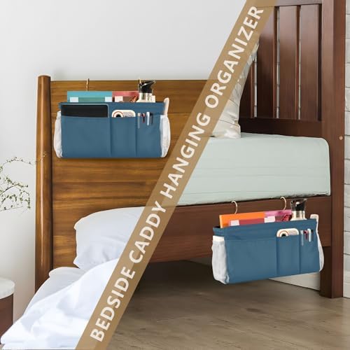 Caribbean Blue Bedside Caddy Storage Bag Bedside Organizer for Bunk Bed Headboards College Bedside Shelf Hanging Organizer 6 Pockets with Hooks for Book Glasses Phone Holder