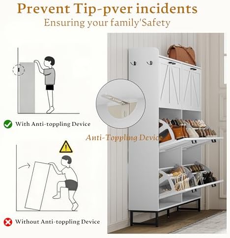 Wodeer Shoe Cabinet Storage for Entryway, Shoe Storage Cabinet with 6 Flip Drawers, Freestanding Narrow Shoe Rack Organizer with Metal Legs, Adjustable Shelves & Open Storage for Foyer, Hallway, White