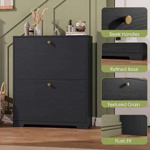 Nicetree Shoe Cabinet with 2 Flip Drawers, Narrow Shoe Organizer Cabinet, Freestanding Shoe Rack Cabinet, Modern Shoe Storage Cabinet for Entryway, Hallway, Foyer, Black