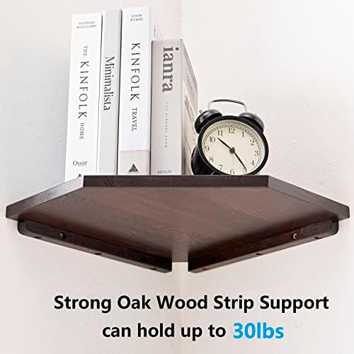 Corner Wall Shelf, Solid Oak Wood White Floating Corner Shelf Organizer with Wire Hole Small Plant Display for Kitchen Bedroom, Dark Walnut