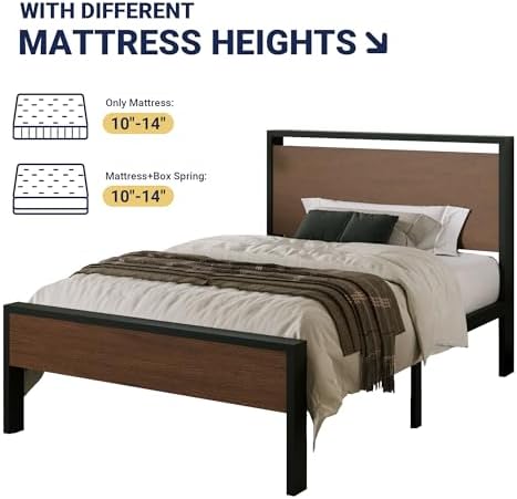 Allewie Twin Size Bed Frame, Heavy Duty 12 Metal Slats Support, Walnut