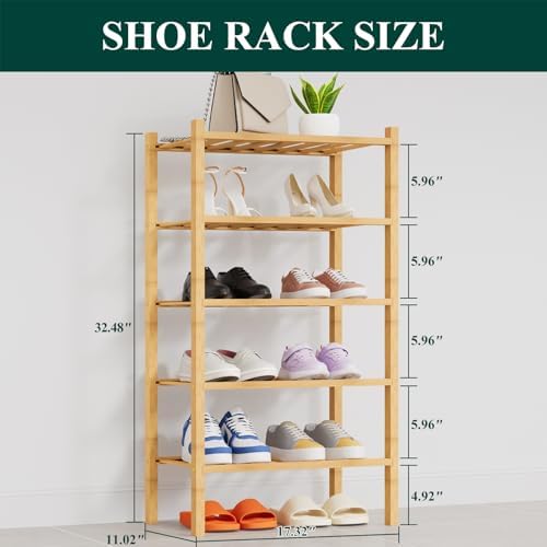 Smiry Bamboo Shoe Rack, 8 Vertical Slats, 5 Tier - 17.3" Wide, Natural