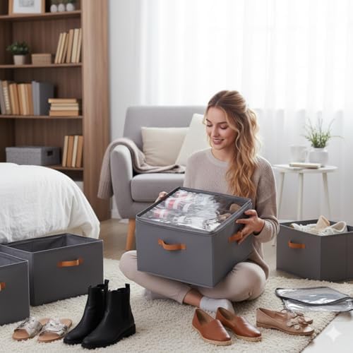 Foldable Shoe Organizer Box, Stackable Storage Bin, Gray, 2 Pack
