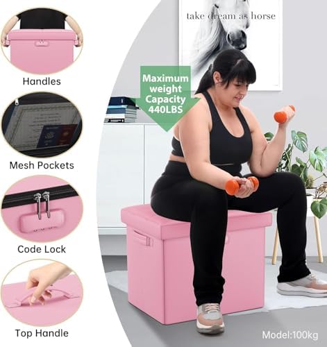 DocSafe Storage Ottoman Foot Rest Stool with Lock & Handles, Fireproof Folding Leather Footstool Bench with Storage Safe for Living Room Bedroom, Home Office, Dorm, 17x13x13in, Pink