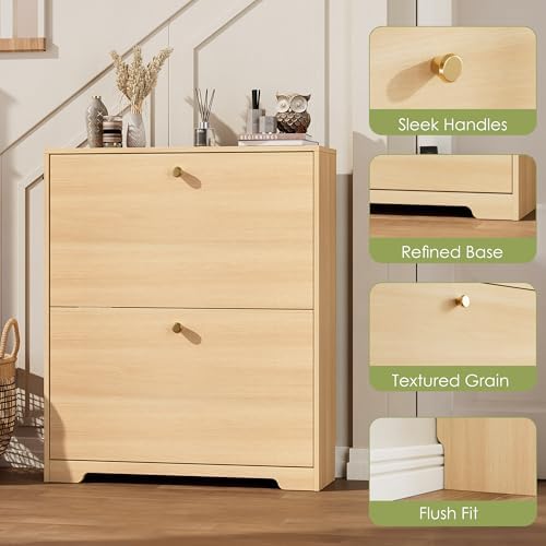 Nicetree Shoe Storage Cabinet with 2 Flip Drawers, Slim Shoe Cabinet, Hidden Shoe Rack Cabinet, Shoe Storage Cabinet for Entryway, Hallway, Foyer, Natural Oak
