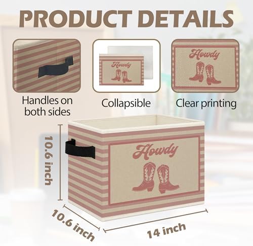 Pink Western Howdy Foldable Storage Bins Box with Handles, Cowgirl Boots Western Nursery Striped Collapsible Toys Books Clothes Organizer Basket for Girl Nursery Room Bedroom Bathroom