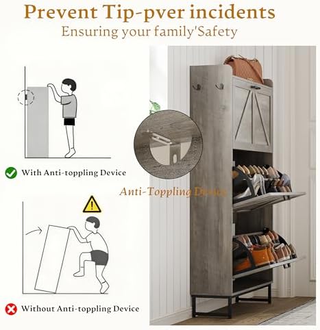 Wodeer Shoe Cabinet Storage for Entryway, Shoe Storage Cabinet with 3 Flip Drawers, Freestanding Narrow Shoe Rack Organizer with Metal Legs & Side Hook for Foyer, Hallway, Grey