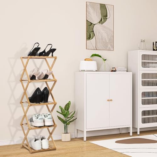 Bamboo Shoe Rack 5 Tier Foldable Shoe Rack for Entryway