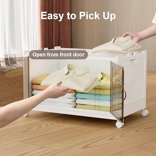 JOYMOOP Folding Storage Bins Organizer, 84 Quart Collapsible Storage Box with Wheels and Door, Stackble Plastic Storage Container for Clothing, Books and Sundries (XXL, 21 Gal, 1 Tier)