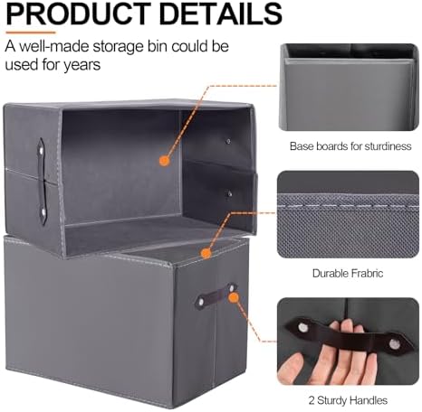 1 Pack Large Collapsible Storage Baskets for Shelves,14.9"x9.5" Fabric Closet storage Boxes with Leather Handles,Decorative Organizers Storage Bins for Clothes,Sheets,Toys,Books,(Gray)