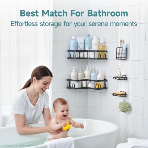 Veken Large Capacity Corner Shower Caddy 5-Pack, Advanced Rustproof Design | No Drilling Adhesive Shelves, Rack with Soap Holder & Hooks, Thickened Metal Frame, Bathroom Organizers and Storage, Black