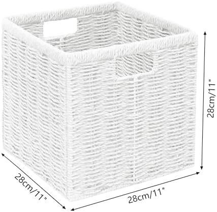Vagusicc 11 inch Wicker Basket, Set of 2 Handwoven Storage Cubes with Handles, Foldable Paper Rope Storage Baskets for Organizing, Shelves, Bathroom, White