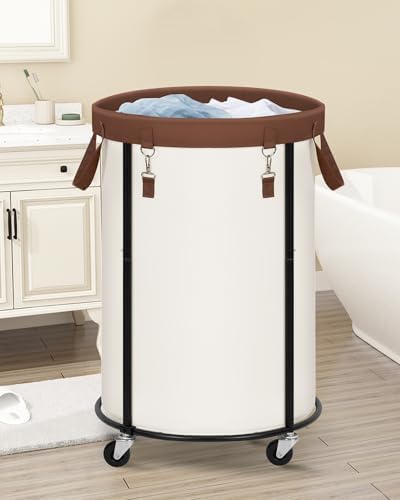 STORAGE MANIAC Rolling Laundry Hamper with Wheels 110L Laundry Basket, Round Laundry Cart with Metal Frame and Removable Bag, Clothes Hamper for Bedroom, Bathroom, Dorm Room, Laundry Room, Beige