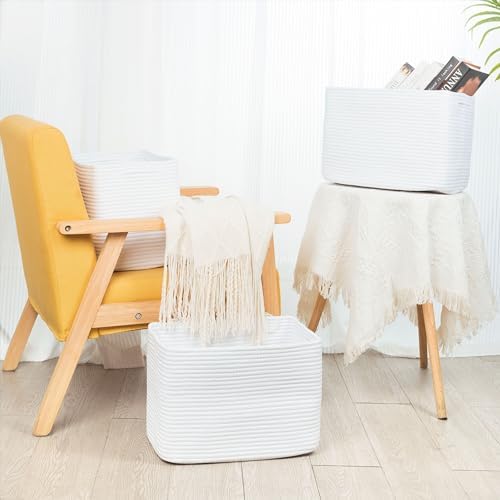 MINTWOOD Design 3-Pack Decorative Woven Storage Baskets for Shelves, Cube Bin Box for Organizing Books, Shoes, Dog Toys, Pantry Closet and Living Room Organizer, Full White