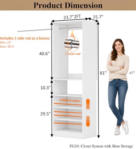 Fastgo Closet System with Hanging on Top and Shelves on Bottom, 2 Shelves Adjustable with 6-Height Options, 23.7"W x 15.8"D x 81"H
