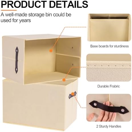 3 Pack Large Collapsible Storage Baskets for Shelves,14.9"x9.5" Fabric Closet storage Boxes with Leather Handles,Decorative Organizers Storage Bins for Clothes,Sheets,Toys,Books,Creamy-White